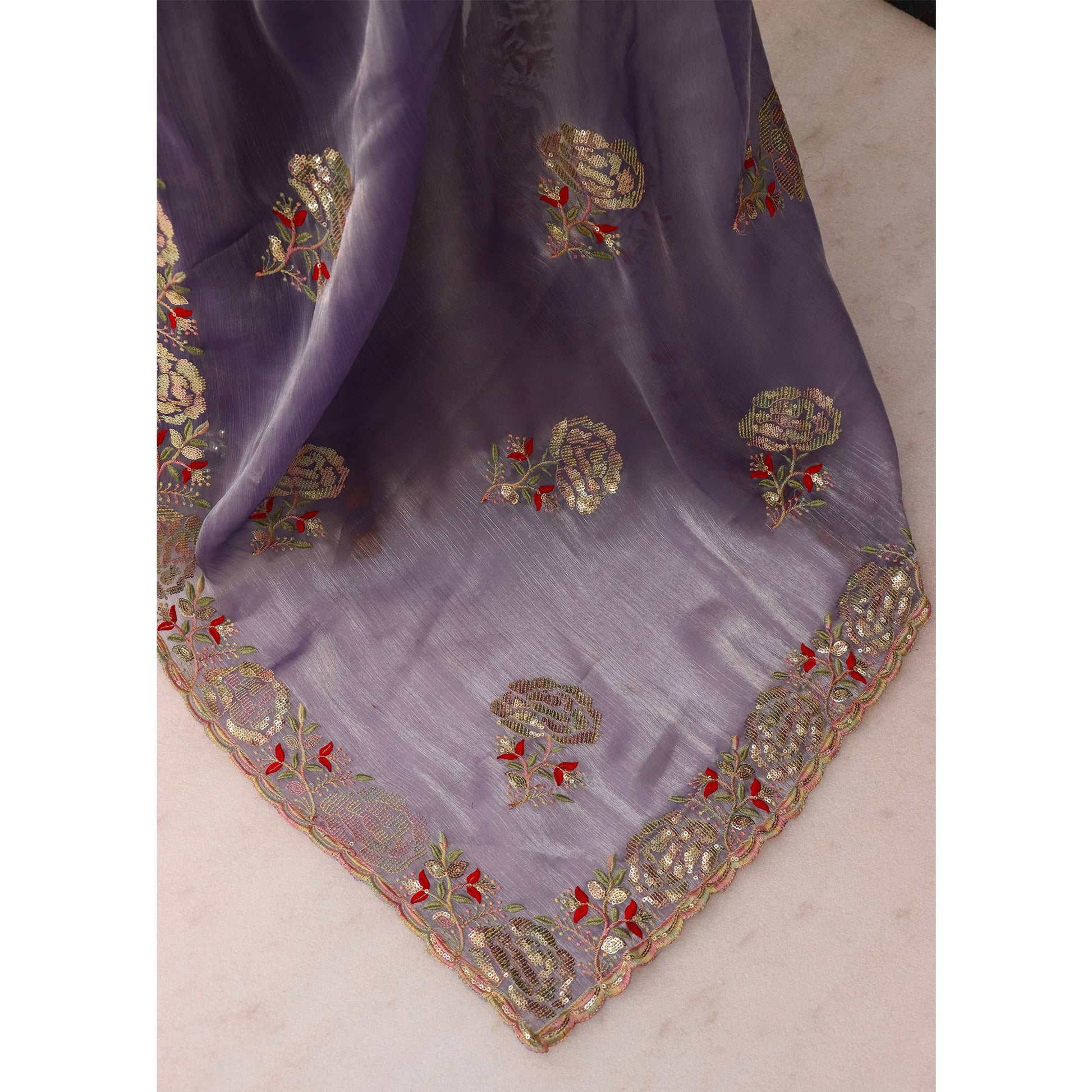 Lavender Sequins Work Embroidered Chiffon Saree
