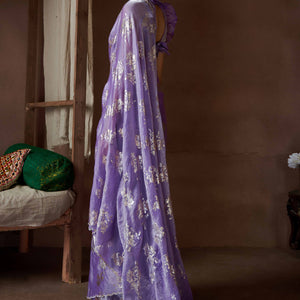 Lavender Floral Foil Printed Satin Silk Saree With Zarkan Border