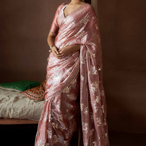Dusty Rose Pink Floral Foil Printed Satin Silk Saree With Zarkan Border