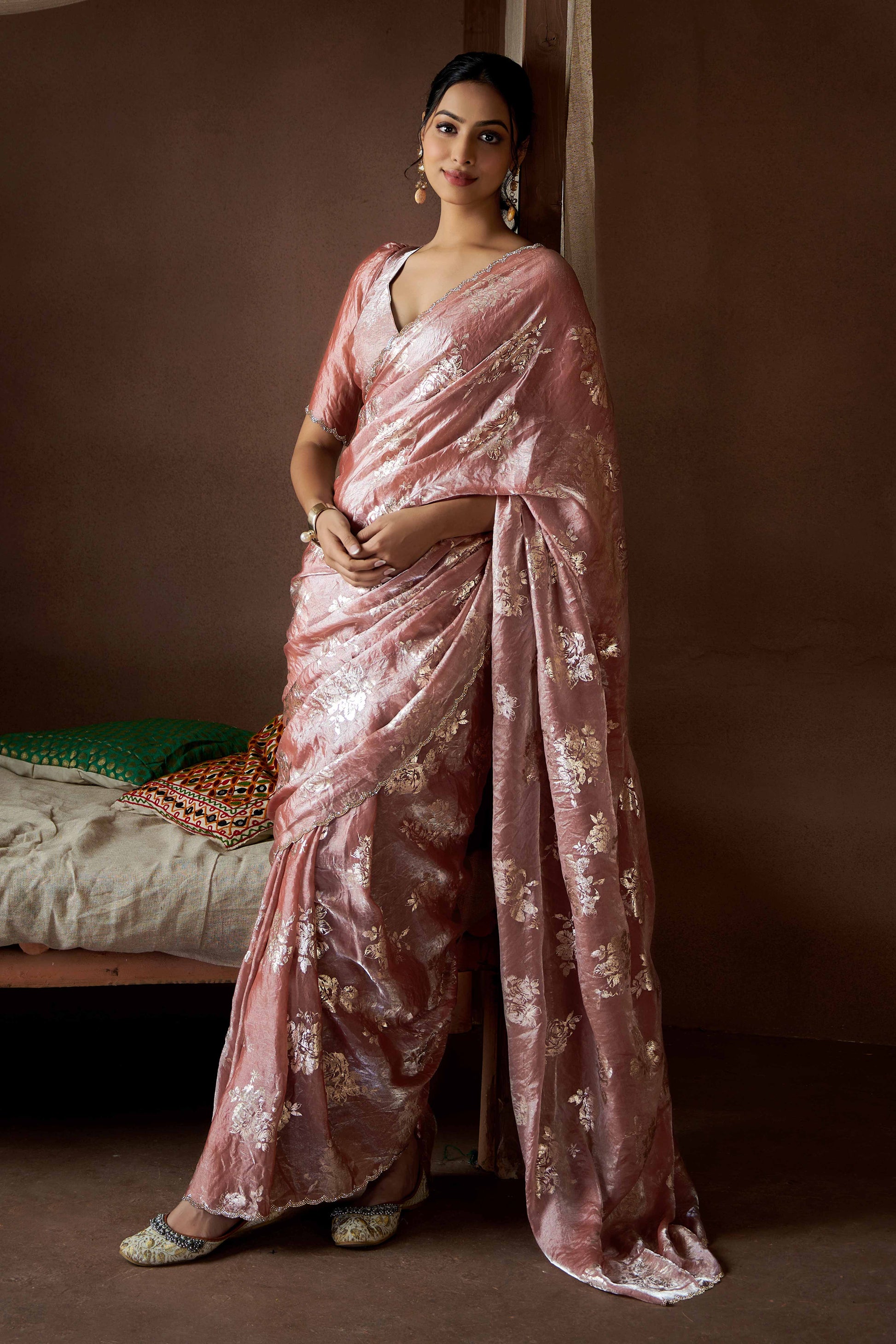 Dusty Rose Pink Floral Foil Printed Satin Silk Saree With Zarkan Border