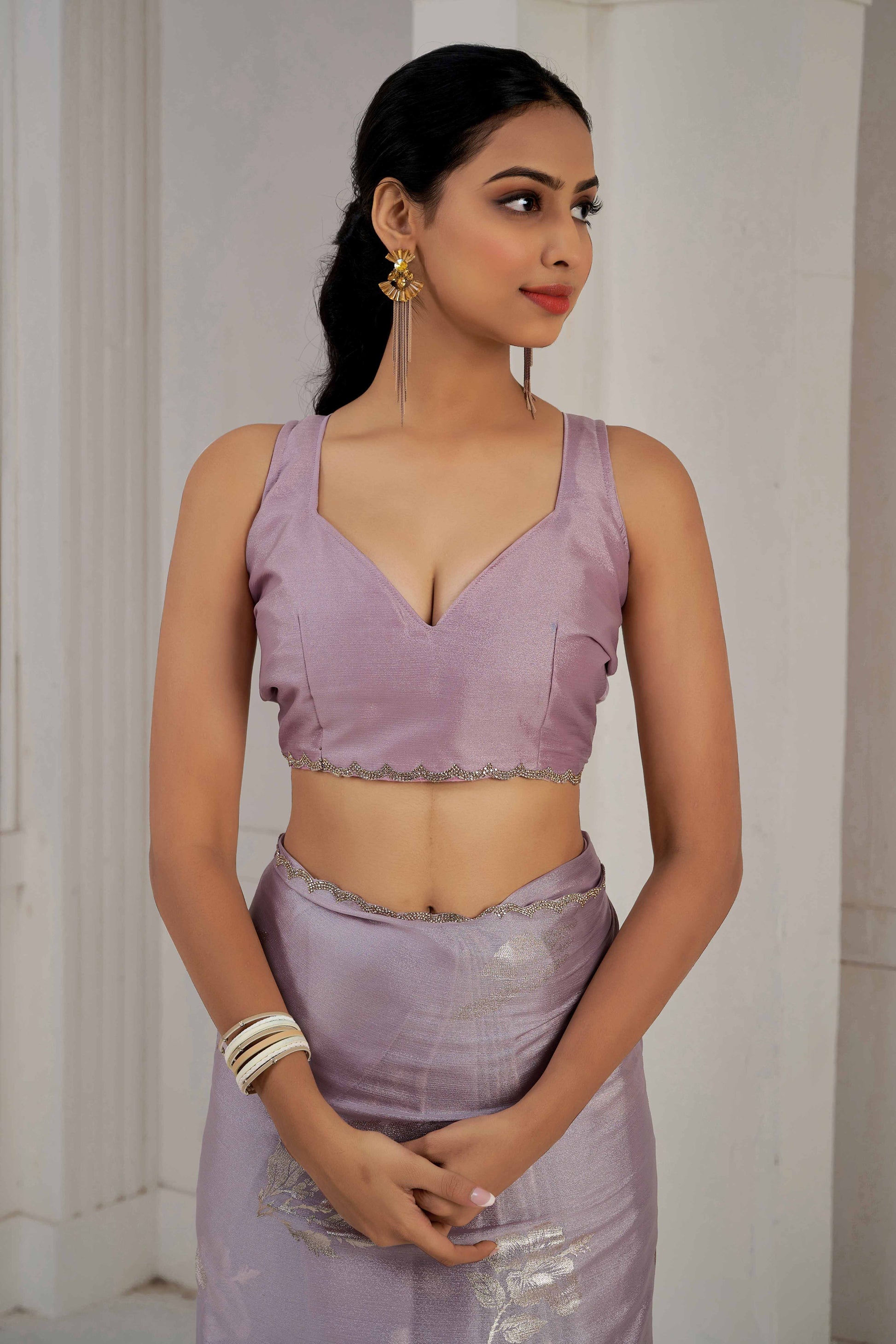 Lavender Floral Printed Stone Work Satin Saree