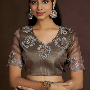 Dark Beige Floral Sequins With Zarkan Work Organza Saree