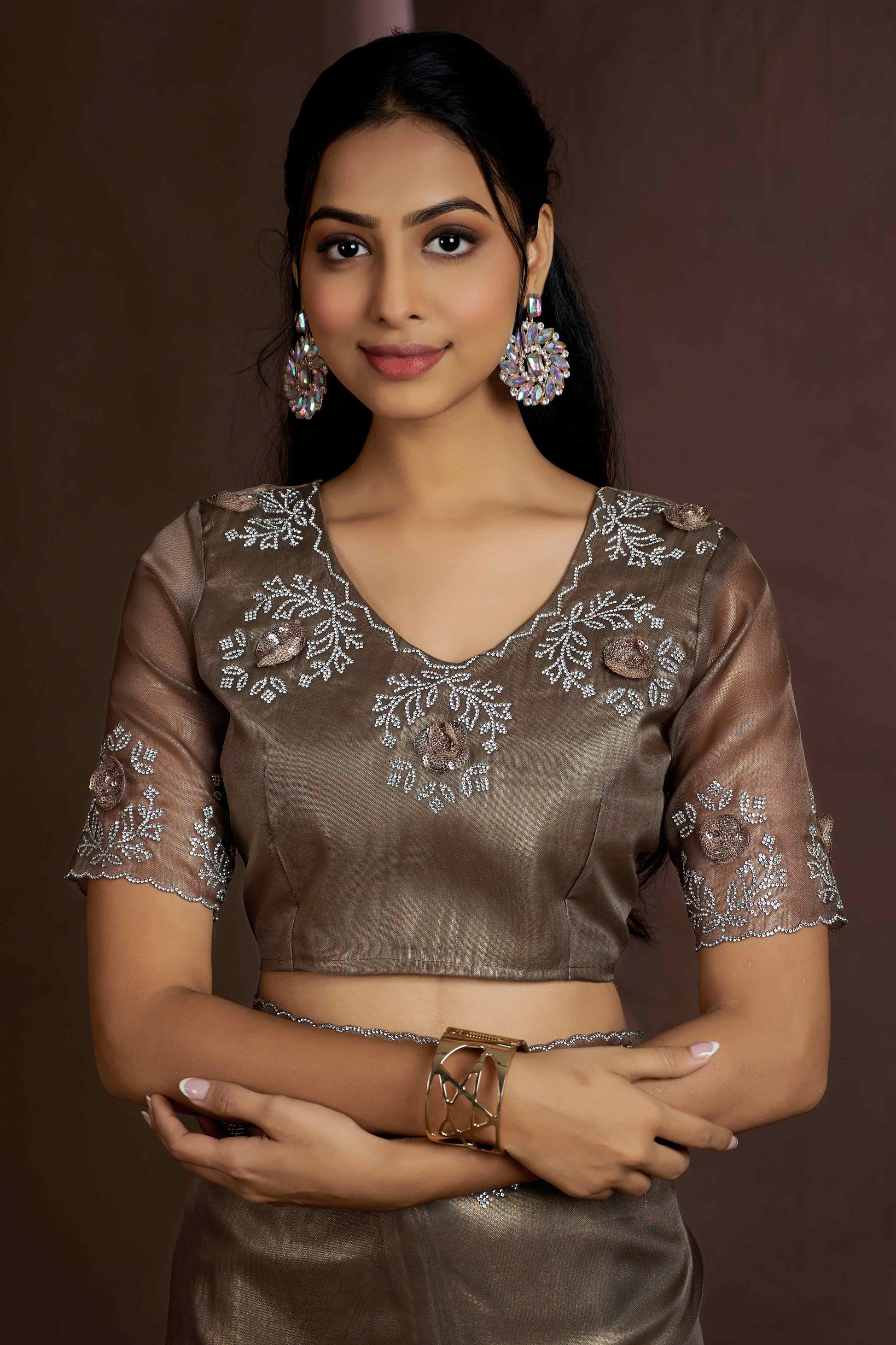 Dark Beige Floral Sequins With Zarkan Work Organza Saree