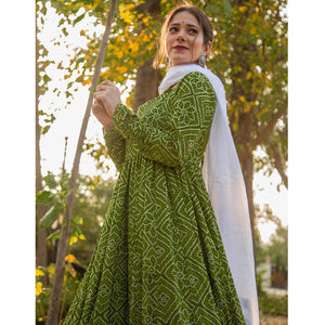 green-bandhani-printed-rayon-gown-with-dupatta