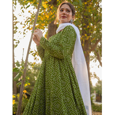 green-bandhani-printed-rayon-gown-with-dupatta