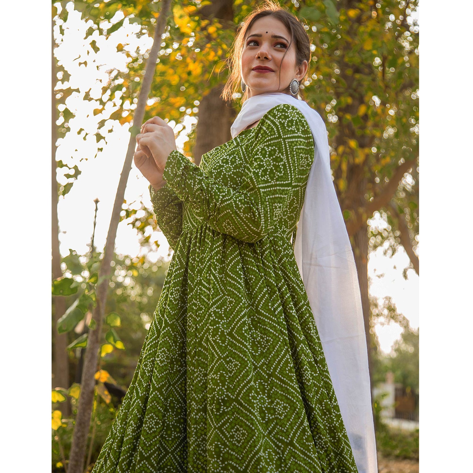 green-bandhani-printed-rayon-gown-with-dupatta