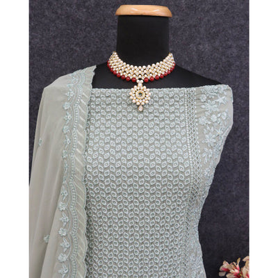 Dusty Pista Green Sequins Embroidered Georgette Dress Material