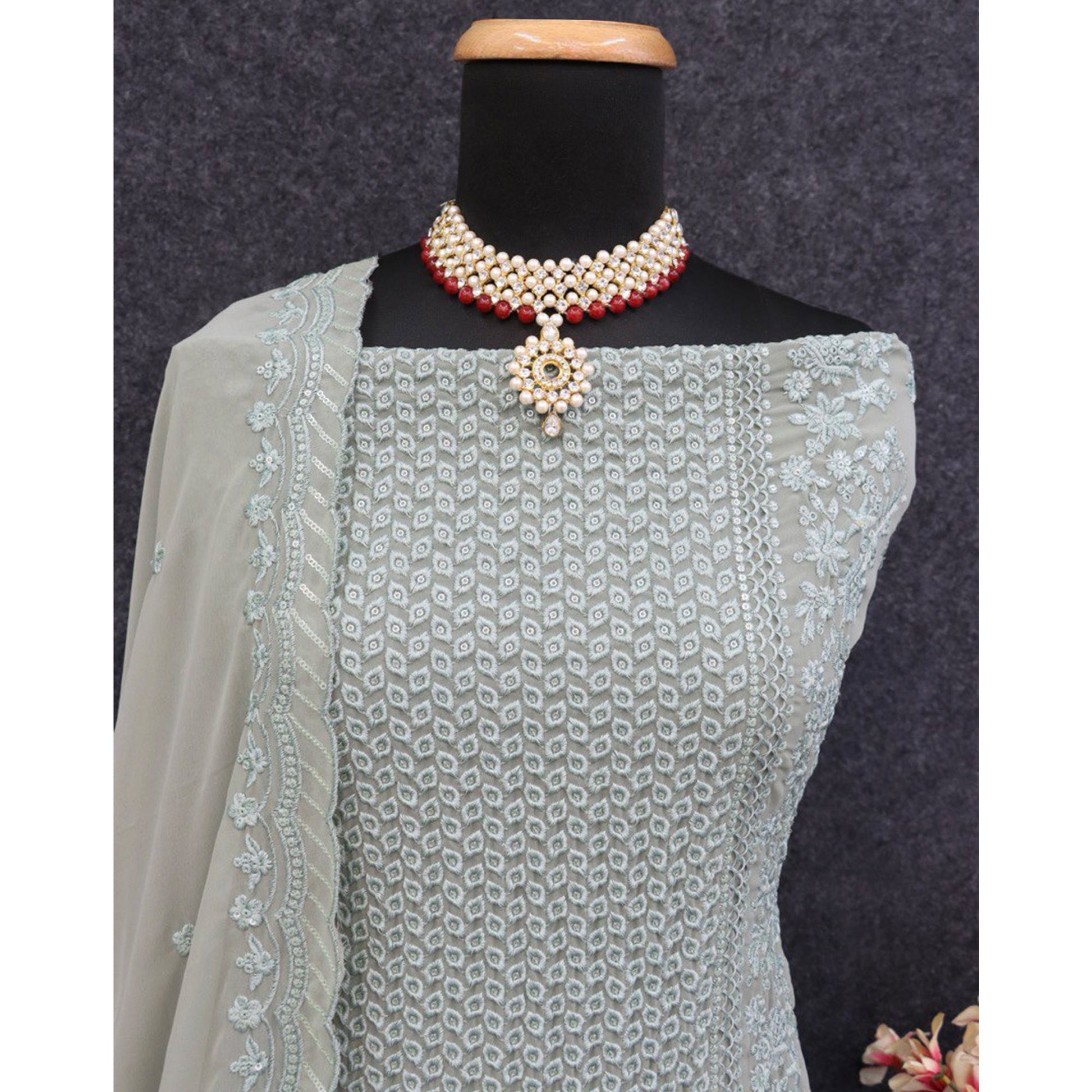 Dusty Pista Green Sequins Embroidered Georgette Dress Material