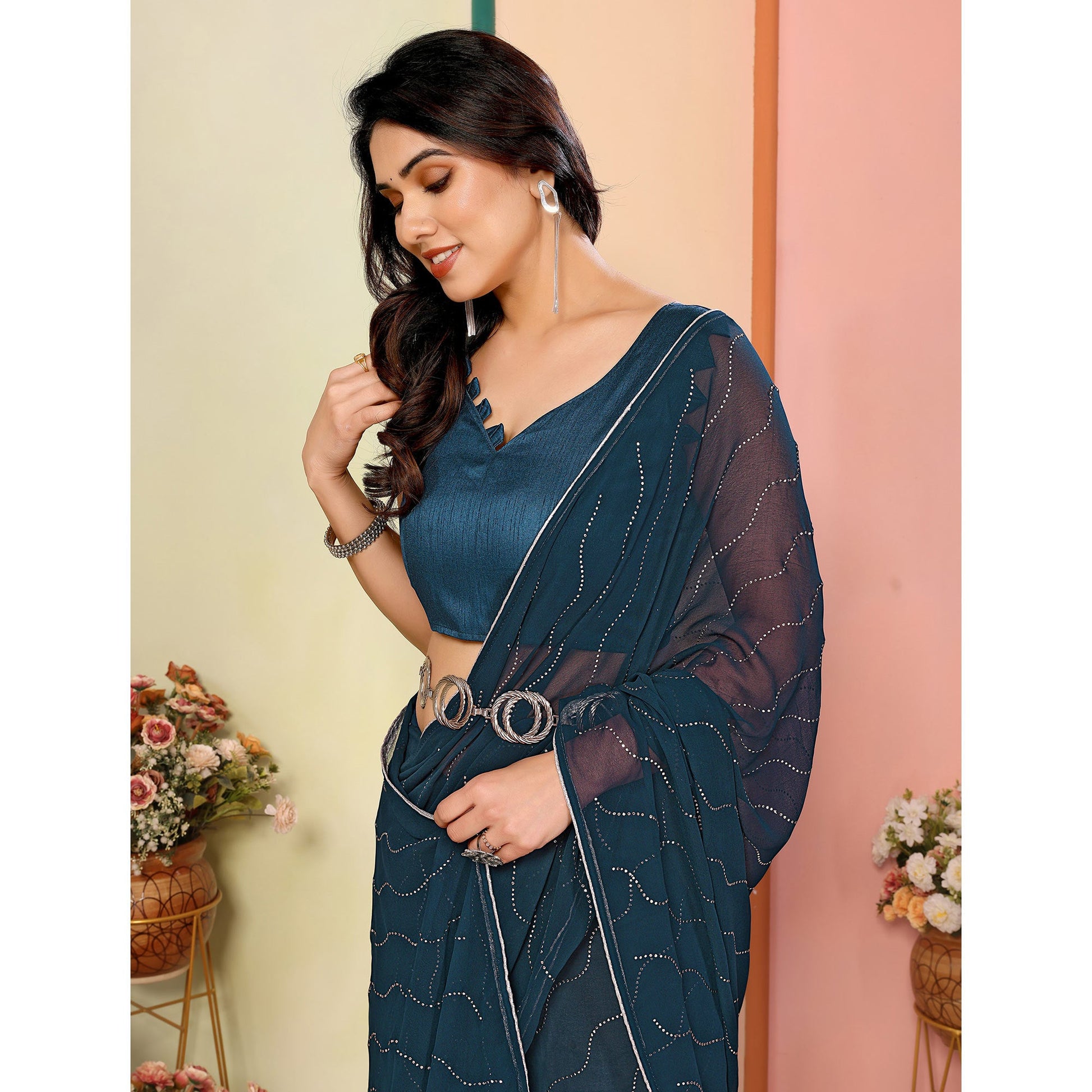 Teal Swarovski Work Embroidered Georgette Saree