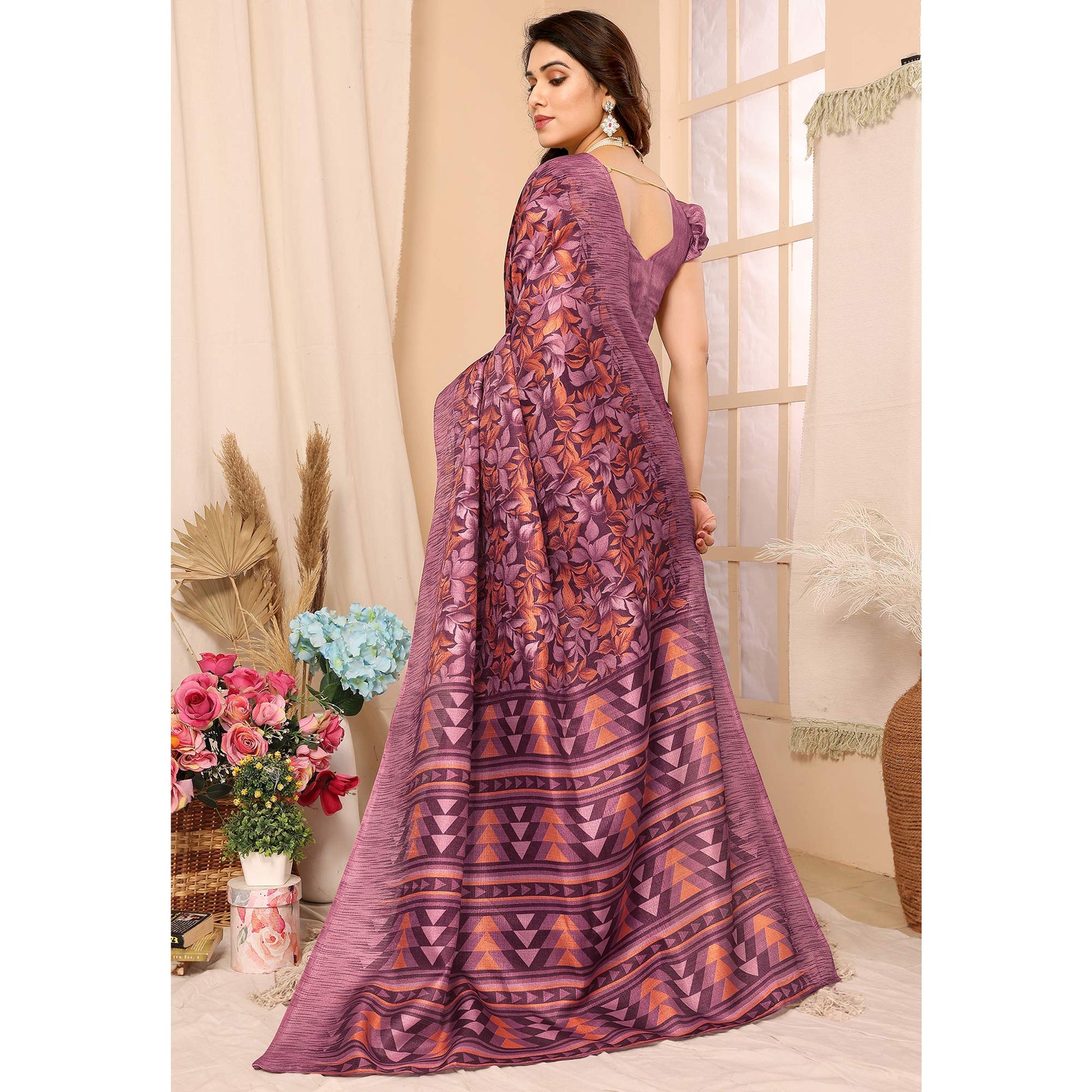 Dark Mauve Floral Printed Khadi Saree