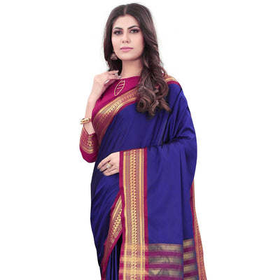 Blue Solid Cotton Silk Saree With Jacquard Border