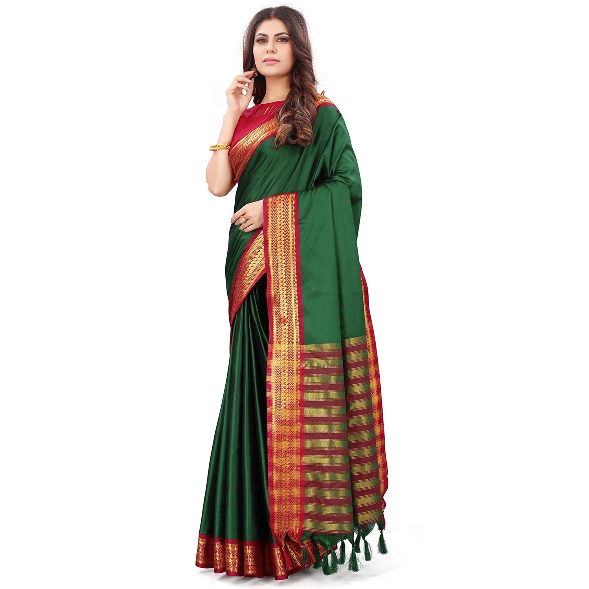 Bottle Green Solid Cotton Silk Saree With Jacquard Border