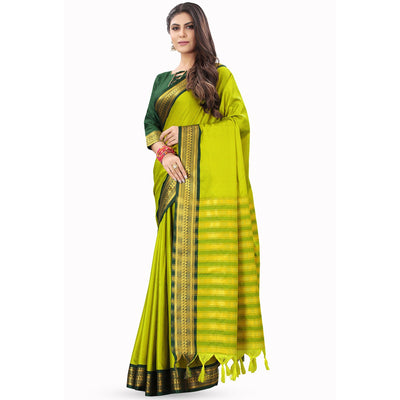 Lemon Green Solid Cotton Silk Saree With Jacquard Border
