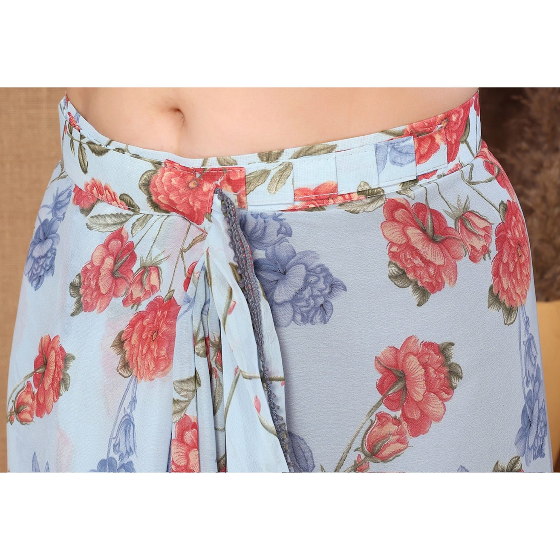 Light Blue Floral Printed Ready To Wear Georgette Saree