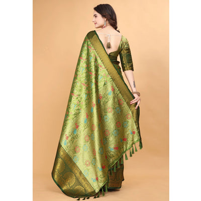 green-floral-woven-tissue-silk-saree-with-tassels