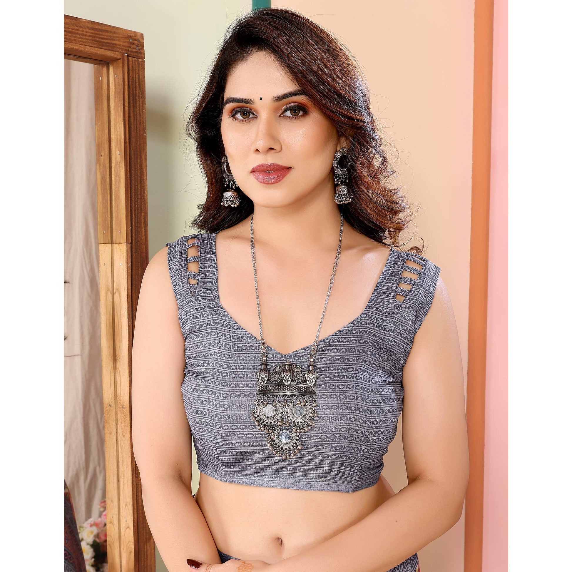 Mauve & Grey Floral Printed Kota Doria Saree