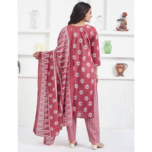 Light Red Printed Pure Cotton Salwar Suit With Mirror Work
