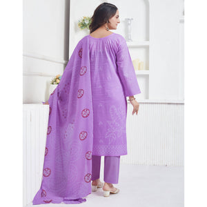 Lavender Printed Pure Cotton Salwar Suit With Mirror Work