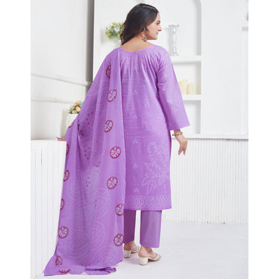 Lavender Printed Pure Cotton Salwar Suit With Mirror Work