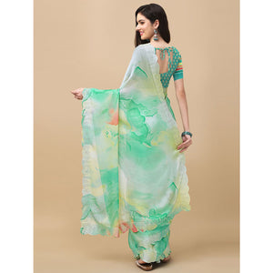 Light Green Printed With Swarovski Work Chiffon Saree