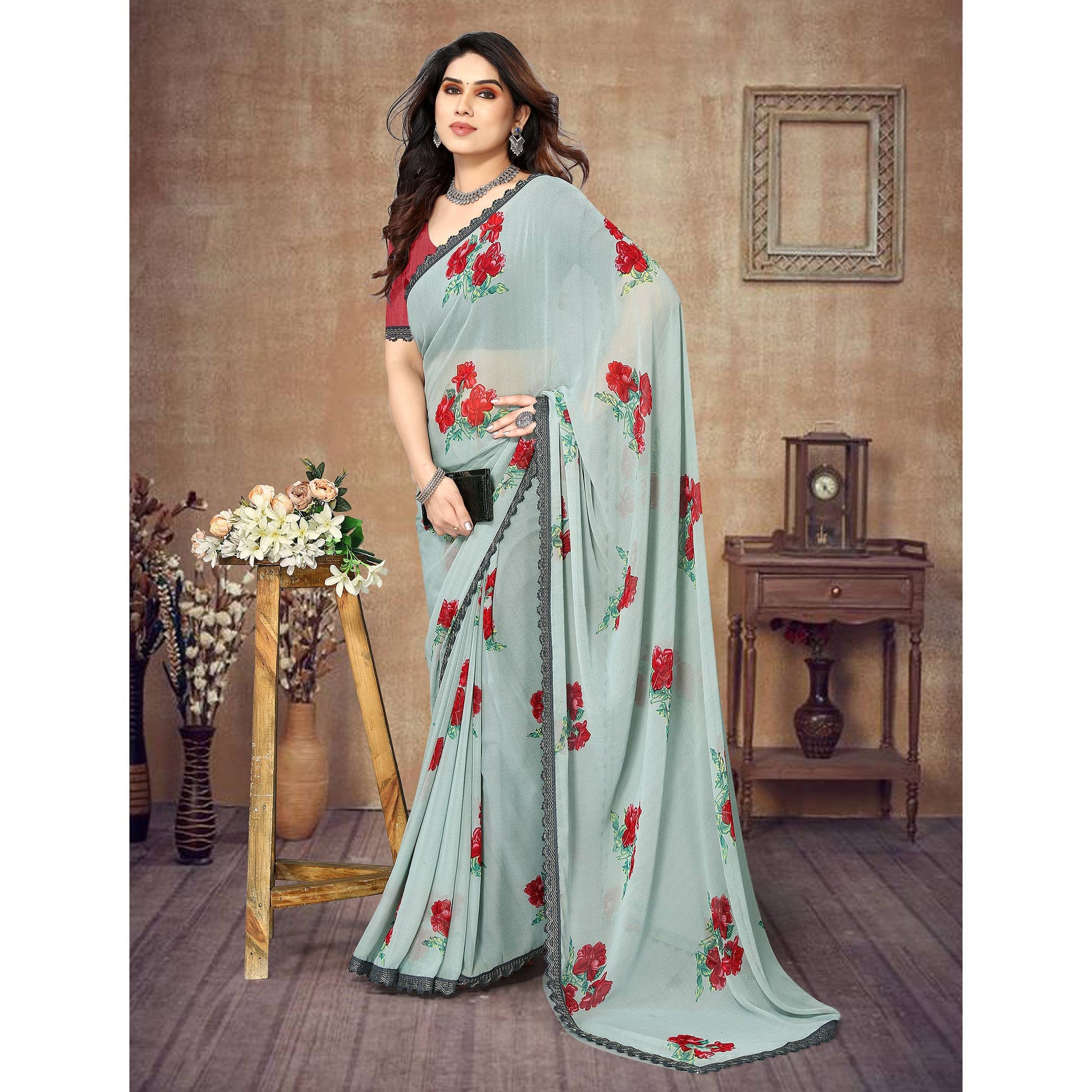 grey-floral-printed-georgette-saree-with-lace-border