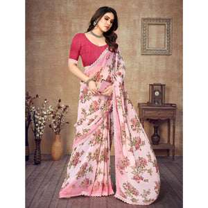 Light Pink Floral Printed Georgette Saree With Lace Border