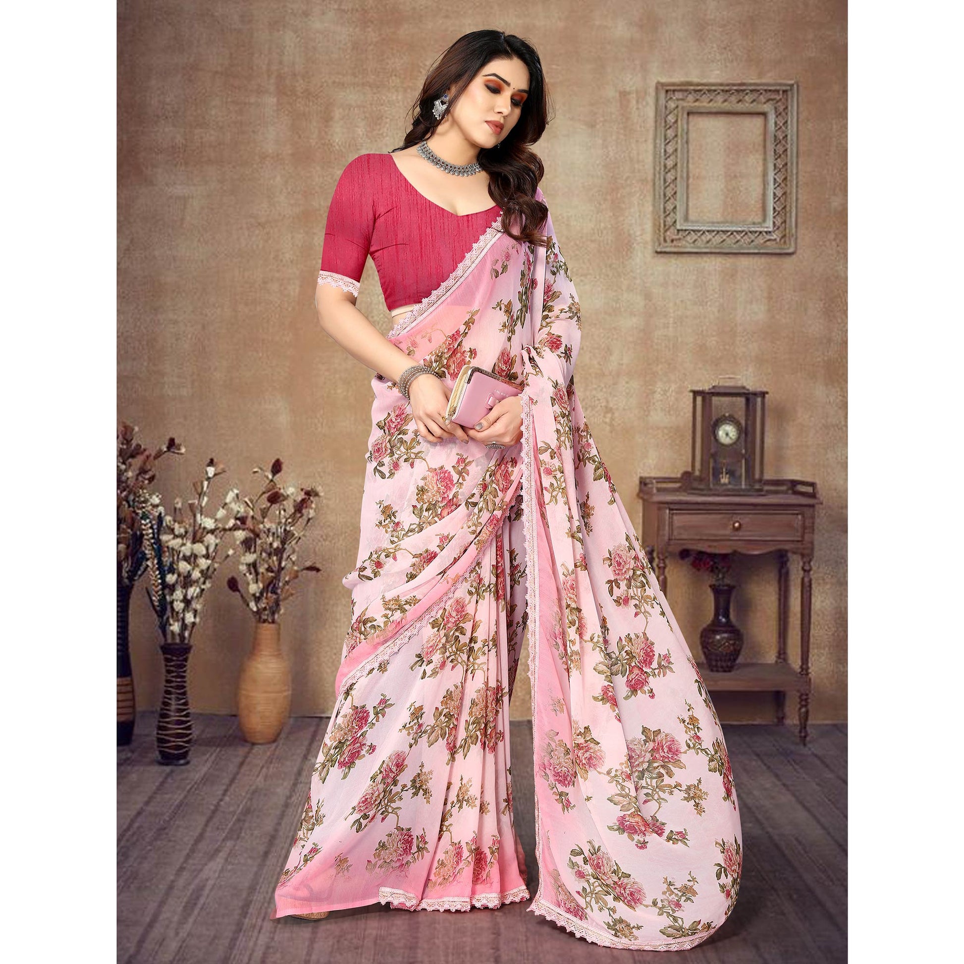Light Pink Floral Printed Georgette Saree With Lace Border