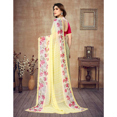 Light Yellow Floral Printed Georgette Saree With Lace Border