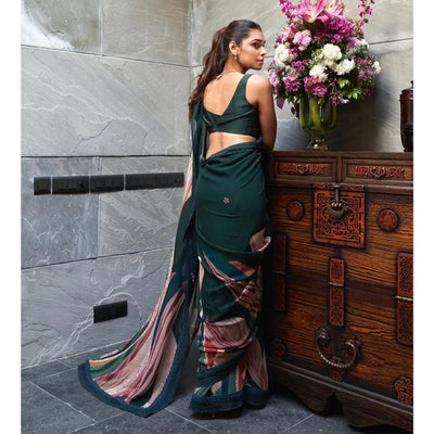 Bottle Green Digital Printed Chinon Saree
