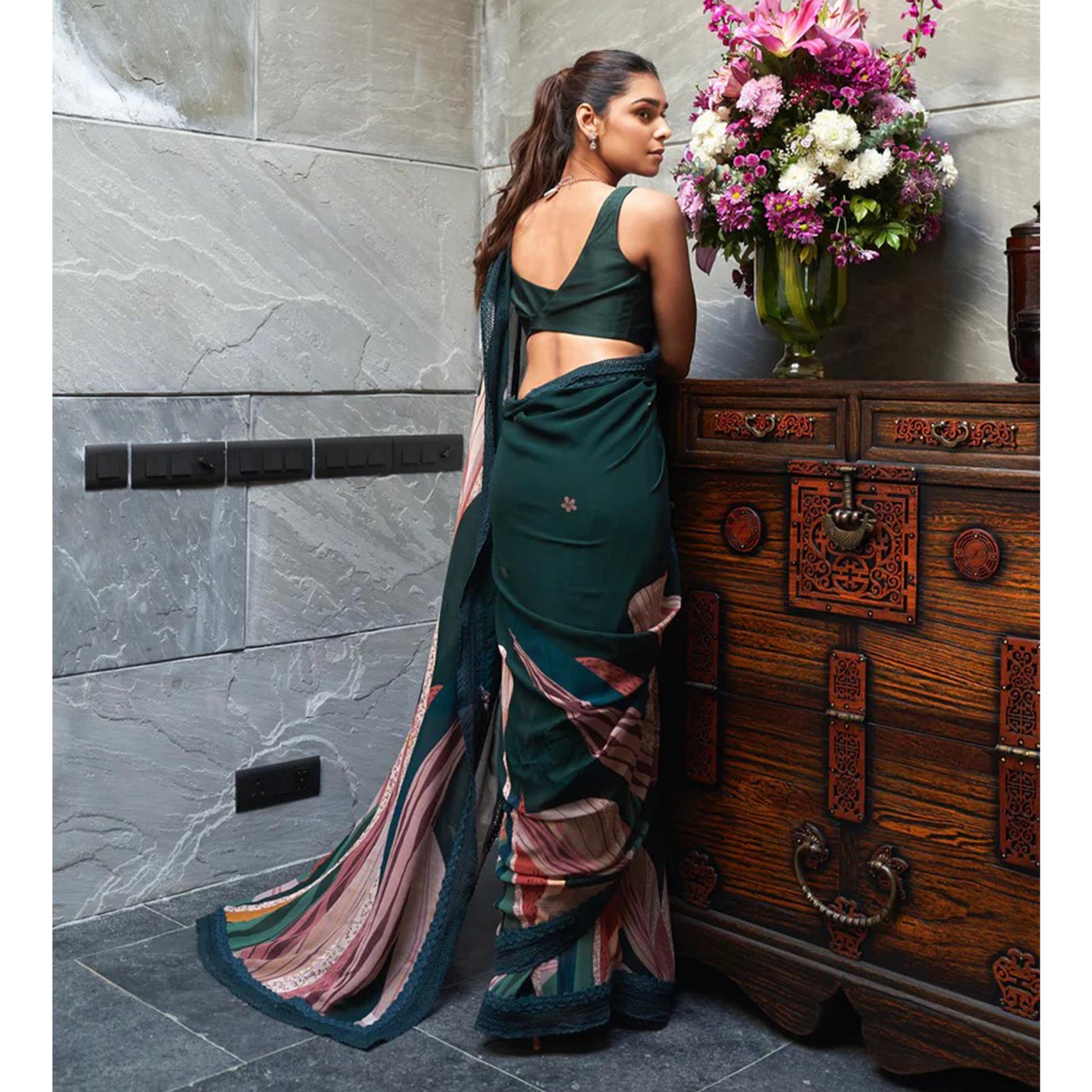 Bottle Green Digital Printed Chinon Saree