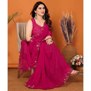 Dark Pink Embellished Georgette Saree With Mirror Work
