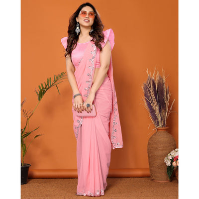 Light Pink Embellished Georgette Saree With Mirror Work