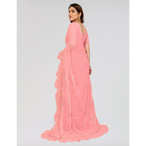 Light Pink Embroidered Georgette Ruffle Saree