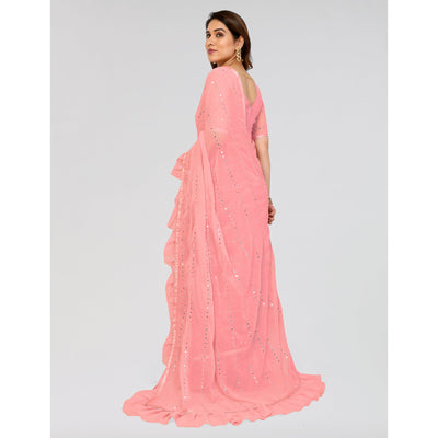 Light Pink Embroidered Georgette Ruffle Saree