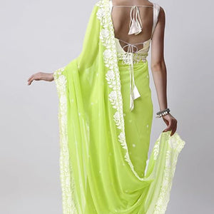 Lime Green Floral Embroidered Georgette Saree