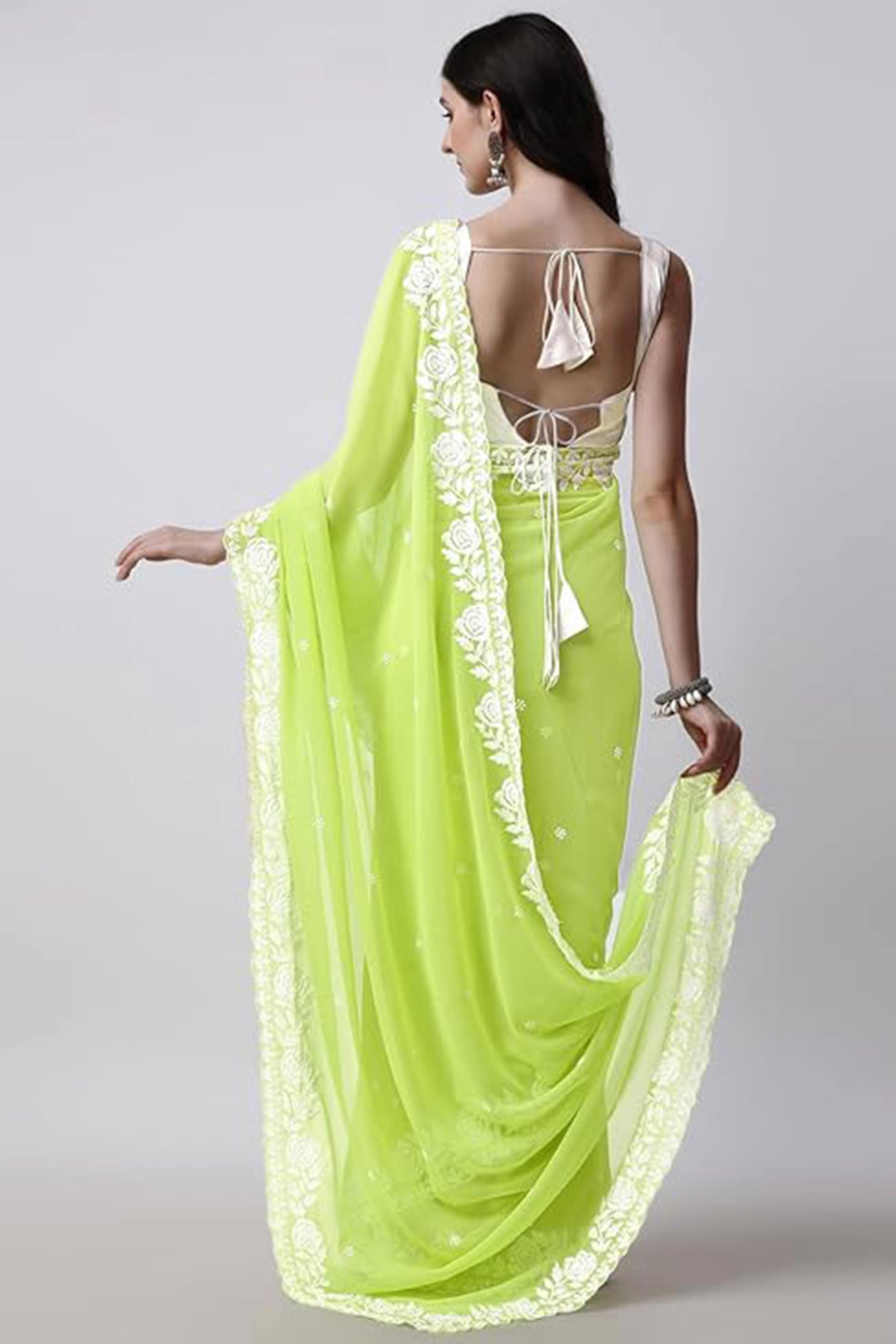 Lime Green Floral Embroidered Georgette Saree