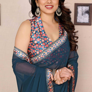 Morpich Blue Solid Georgette Saree With Printed Border