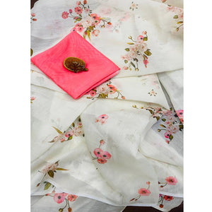 Cream & Pink Floral Digital Printed Linen Saree