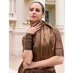Brown Woven Banarasi Silk Saree With Zari Border