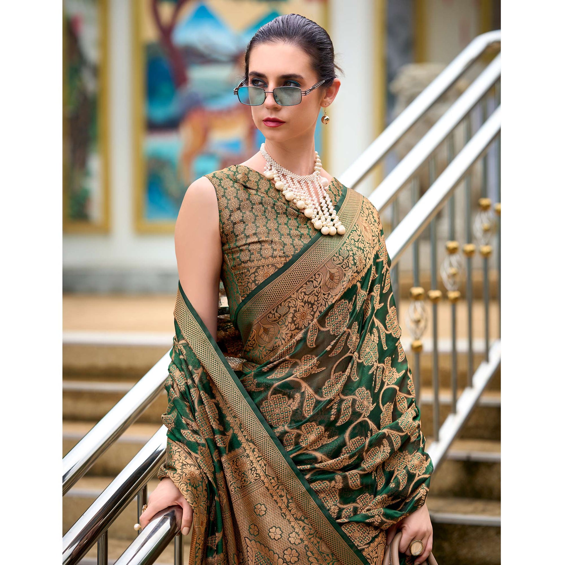 Dark Green Floral Motifs Woven Organza Saree
