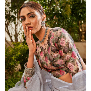 Grey Woven Pure Cotton Saree With Tassels