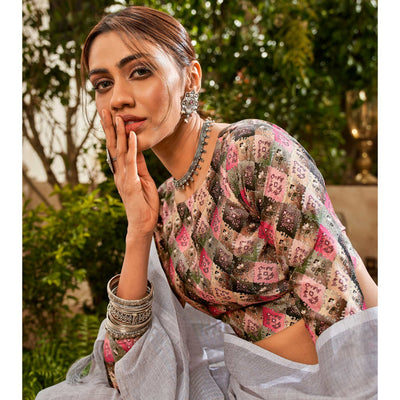 Grey Woven Pure Cotton Saree With Tassels