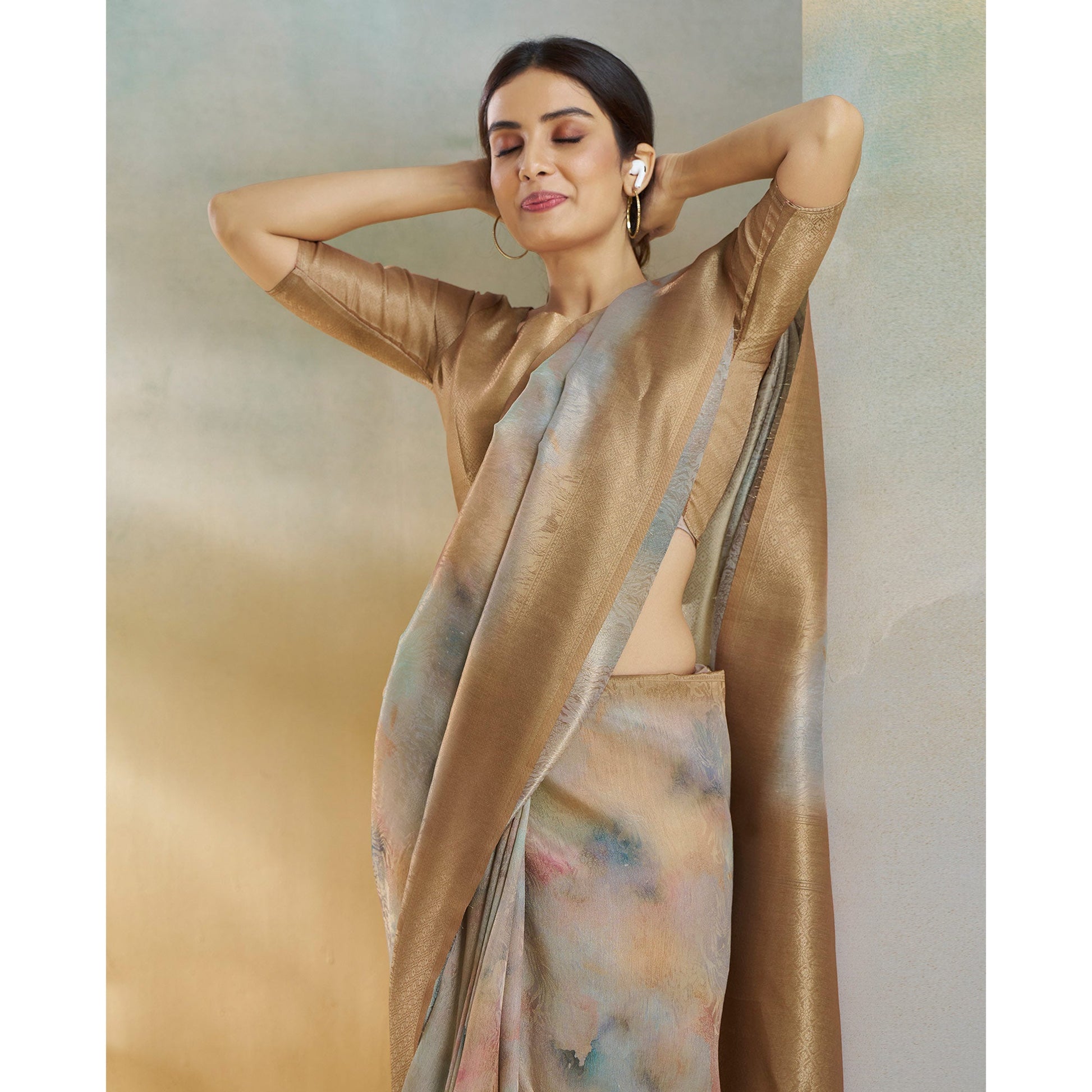 Chikoo Woven With Digital Printed Linen Saree