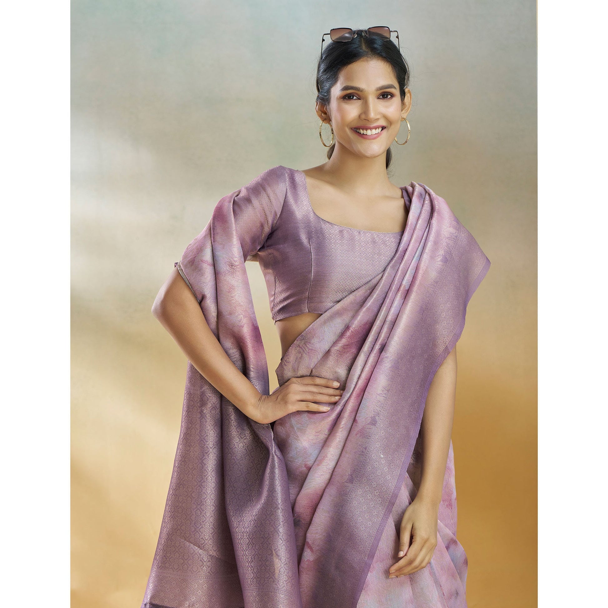 Lavender Woven With Digital Printed Linen Saree