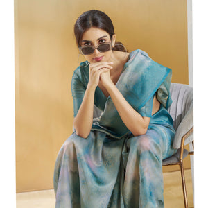 Blue Woven With Digital Printed Linen Saree