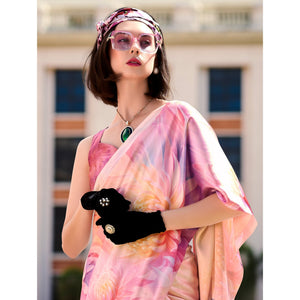 Peach Floral Digital Printed Pure Satin Saree