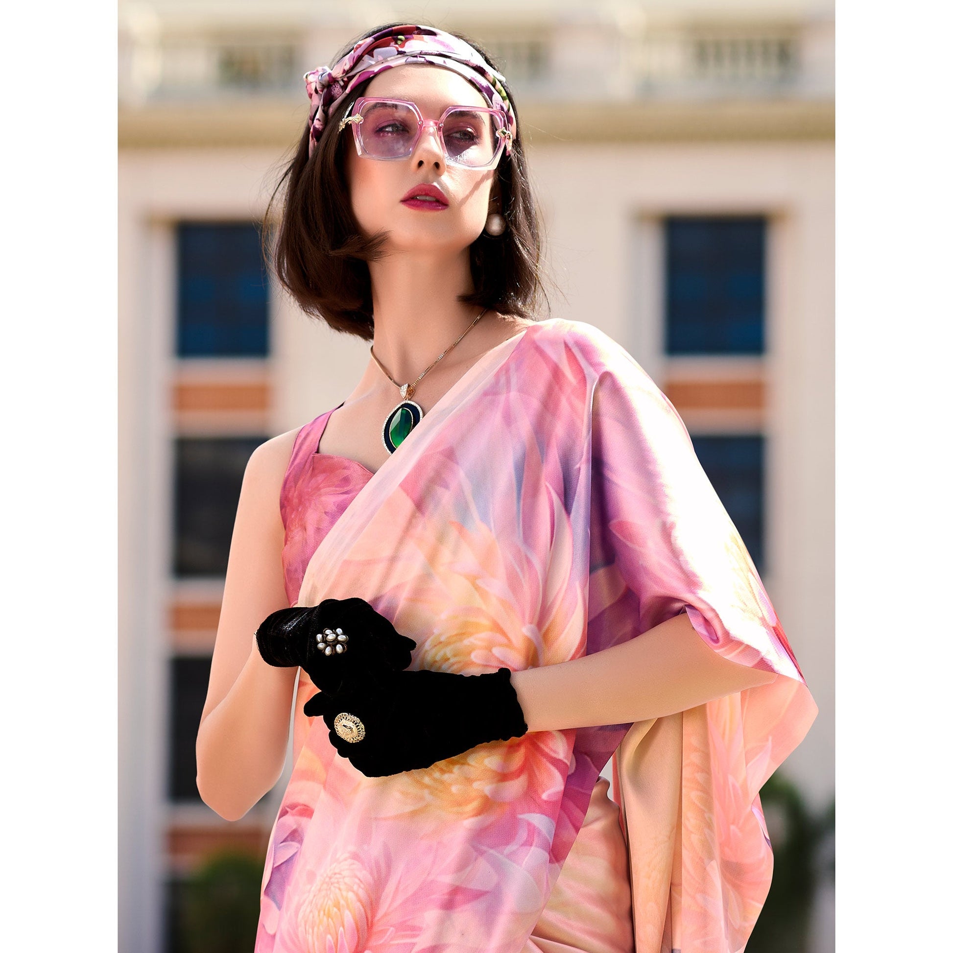 Peach Floral Digital Printed Pure Satin Saree