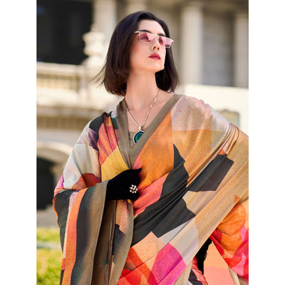 Multicolor Digital Printed Pure Satin Saree