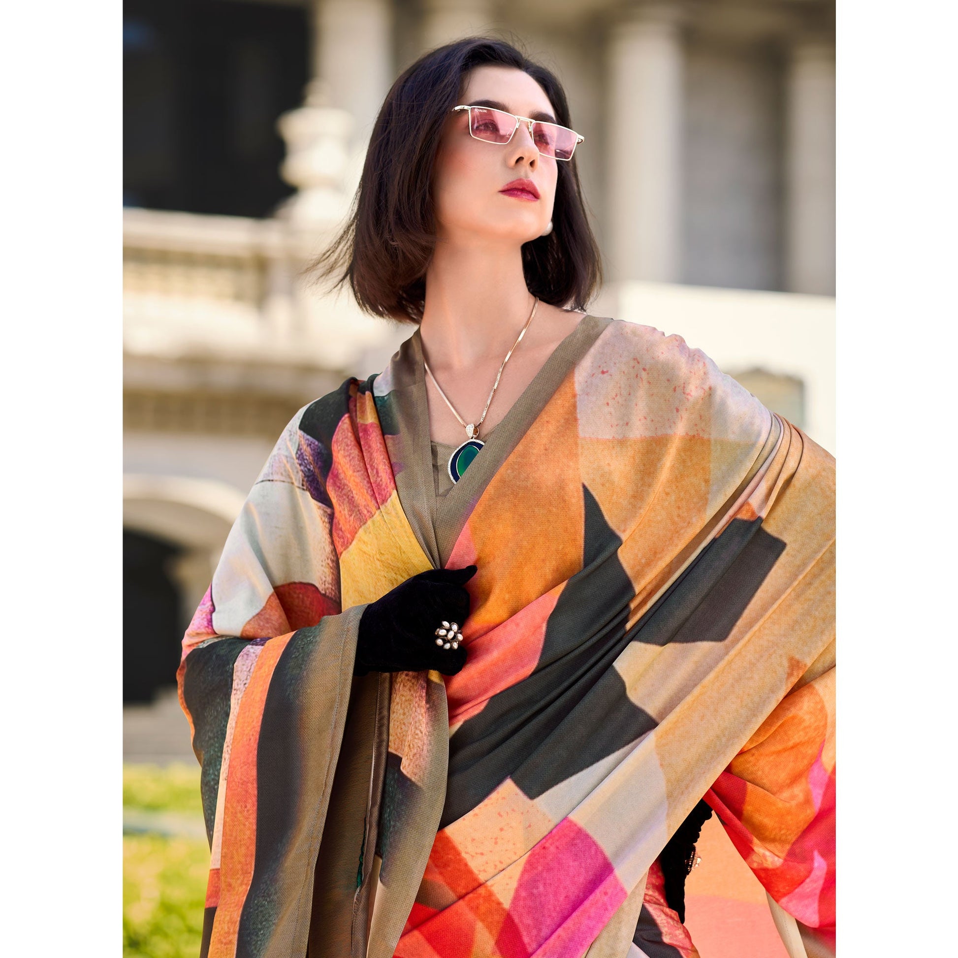 Multicolor Digital Printed Pure Satin Saree