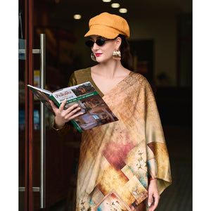 Chikoo Digital Printed Pure Satin Saree